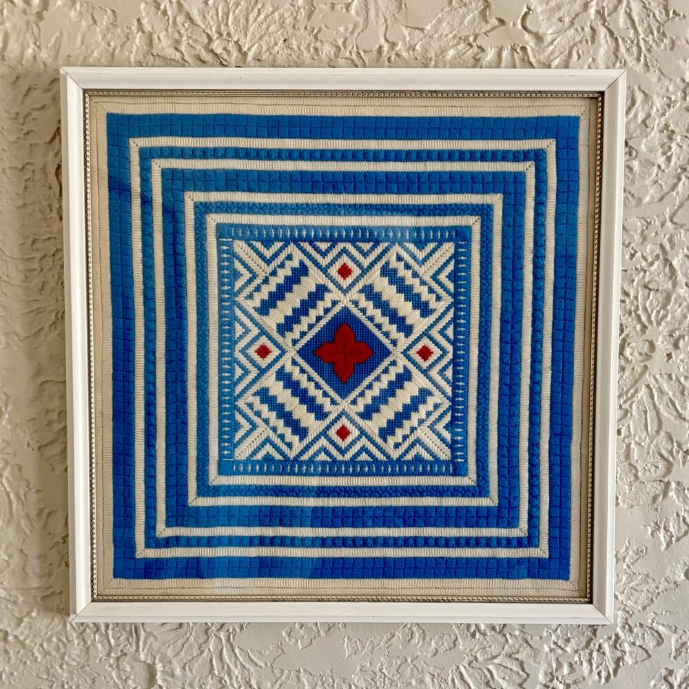 Vintage Crewel Embroidery Barn Star Quilt Pattern Framed Needlework Art